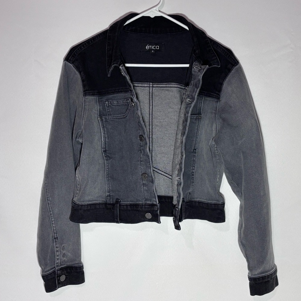 ÉTICA Colorblock Cropped Denim Gray and Black Jacket Women’s Small Streetwear - Picture 3 of 4